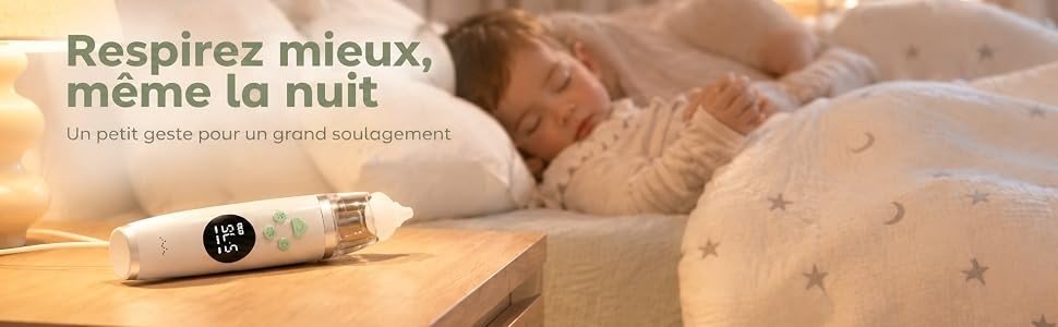 Respirez mieux, même la nuit : le mouche bébé Redalis posé sur la table de nuit près d'un enfant endormi