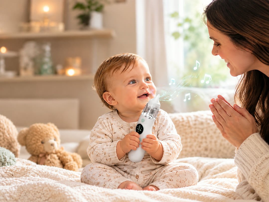 Respiration plus facile, petits nez bien dégagés : un bébé joue en souriant avec le mouche bébé Redalis en musique, sous le regard de sa maman